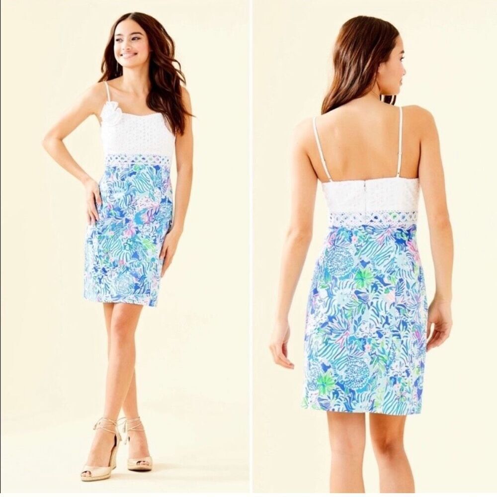 Lilly Pulitzer Liz Sheath Sleeveless Dress Coastal Blue Lion Around Size 10